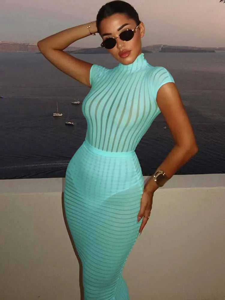 BKQU Sexy 2 Piece Women See Through Outfits Elegant Stripe High Neck Bodysuit Top+Hip Package Maxi Skirt Temperament Party Suits