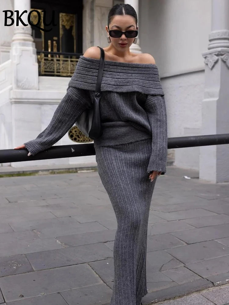 BKQU Knitted Women's Two Pieces Elegant Off Shoulder Sweater Pullover Slim Long Skirt Suit Autumn Winter Party Warm Lady Outfits