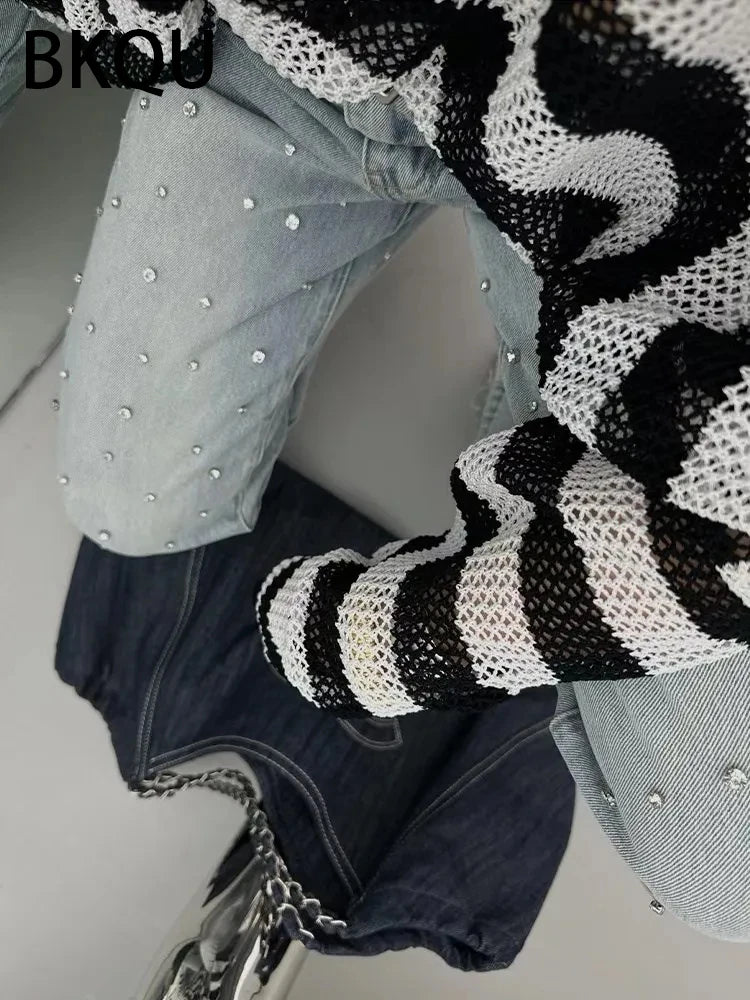 BKQU Wide Leg Straight Jeans for Women 2024 Korean Rhinestones Design Blue High Waist Baggy Pants Female Diamonds Shinny Trouser