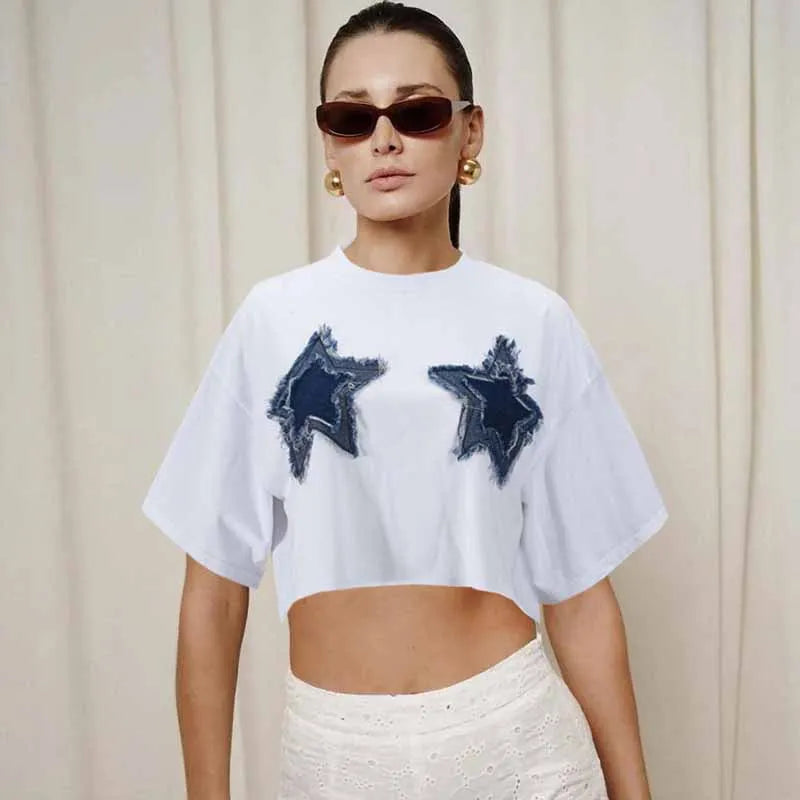 BKQU Casual Y2k Long Sleeve Crew Neck T Shirt Women Fashion Star Graphic Patchwork White Crop Tops 2025 Harajuku Streetwear Tees