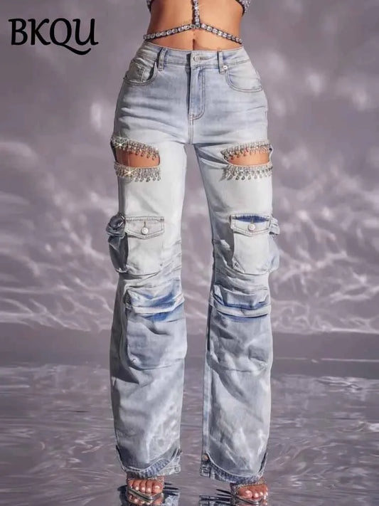 BKQU Unique Diamonds Hollow Out Straight Jeans Women Multi Pocket Cargo Pants Elegant Shiny Rhinestone Wide Leg Denim Trousers