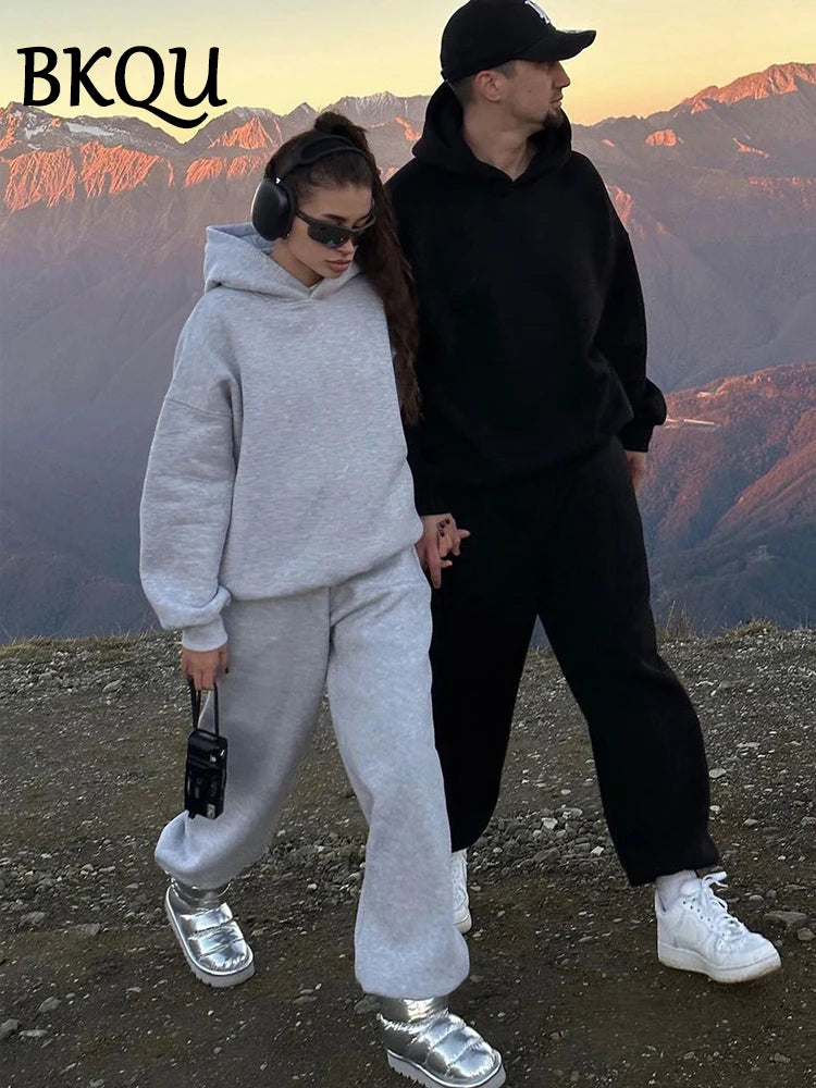 BKQU Solid Hoodies Two Piece Sets Women 2024 Autumn Winter Long Sleeve Hooded Sweatshirts Pullover and Sweatpants Matching Set