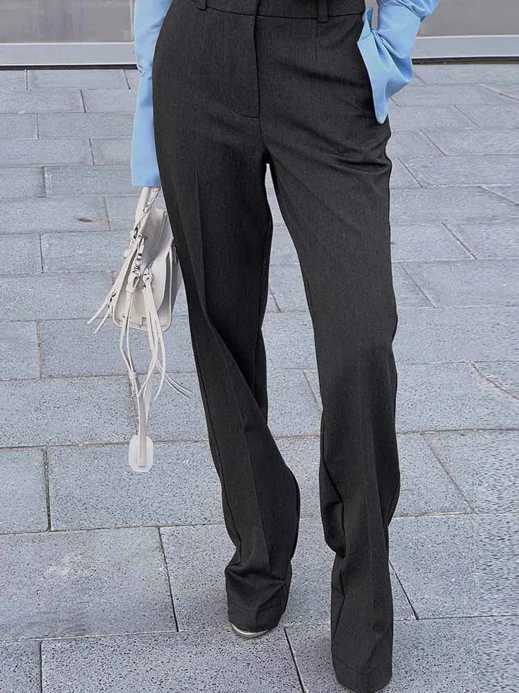 BKQU High Street Women Straight Suit Pants Elegant High Waist Gray Slim Ofiice Lady Casual Trouser Korean Fashion Pants 2025 New