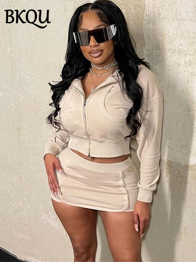BKQU Fashion Tracksuit 2 Piece Sets Women Long Sleeve Hooded Zip Crop Jacket High Waist Mini Skirt Outfits Y2k Casual Streetwear