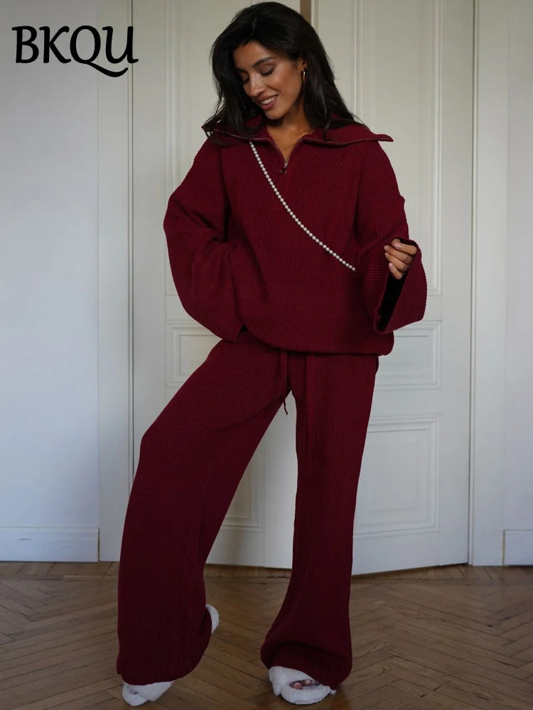 BKQU Fashion Solid Knitted Pants 2 Piece Set Women Casual Lapel Half Zip Pullover Sweater High Waist Wide Leg Pants Ladies Suits