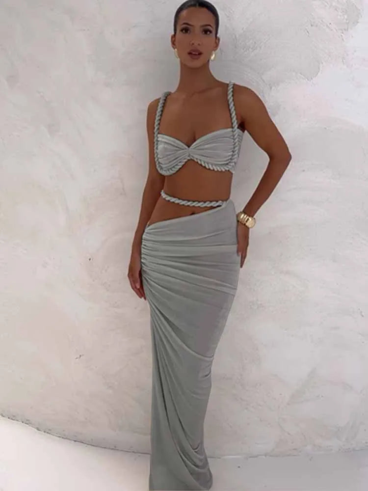 BKQU Hollow Out Sexy Women 2 Piece Set Vacation Outfit Twist Sling Bikini Crop Tops Ruched Slim Long Skirts Matching Suits 2025