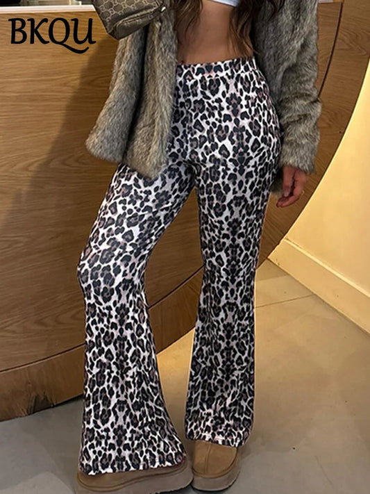 BKQU Women Leopard Print Casual Flare Pants Y2k Aesthetic High Waist Basic Leggings Trousers Autumn Fashion Slim Streetwear 2024