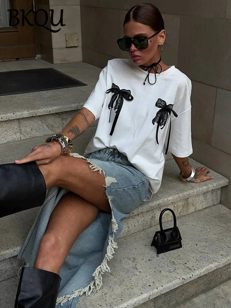 BKQU Summer Printed Short Sleeve T-shirt Women y2k Bow Sweet Basic Loose Crewneck Tees Tops Lady Fashion Clothing 2024