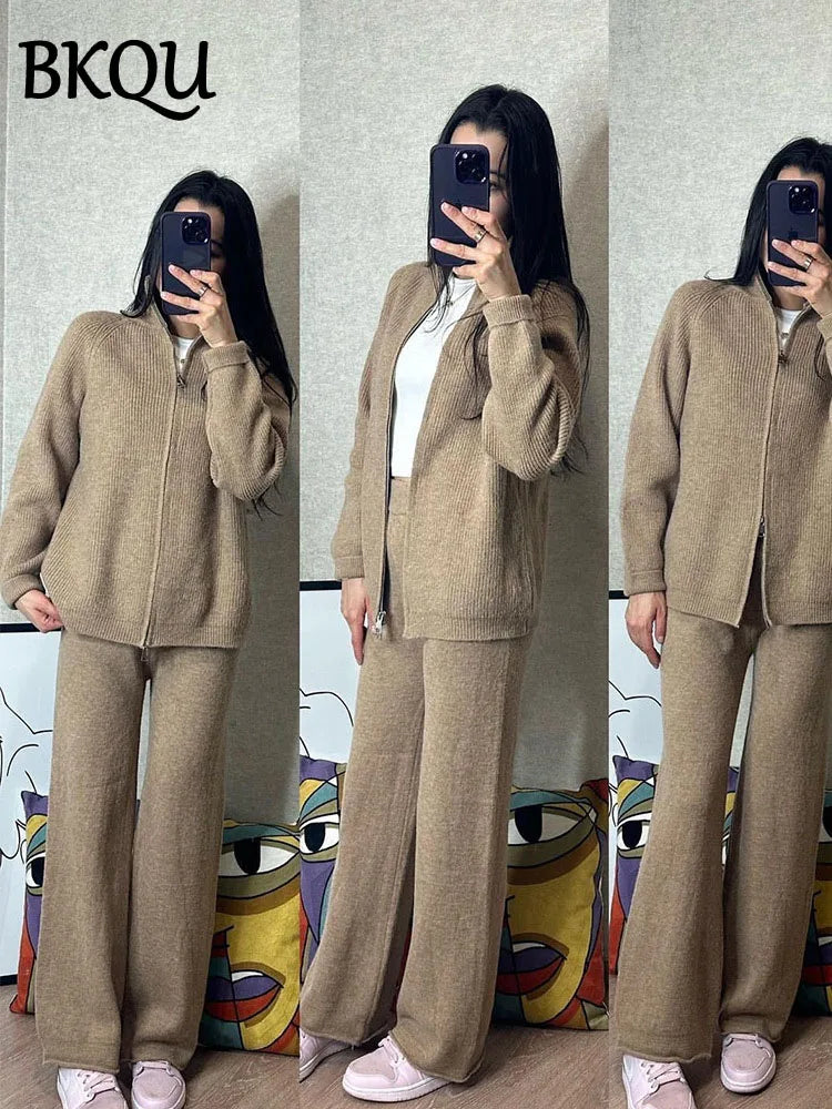 BKQU Sweater Cardigan Pants 2 Pieces Sets Women Casual Solid Zipper Jackets Wide Leg Trousers Autumn Winter Knitted Tracksuit