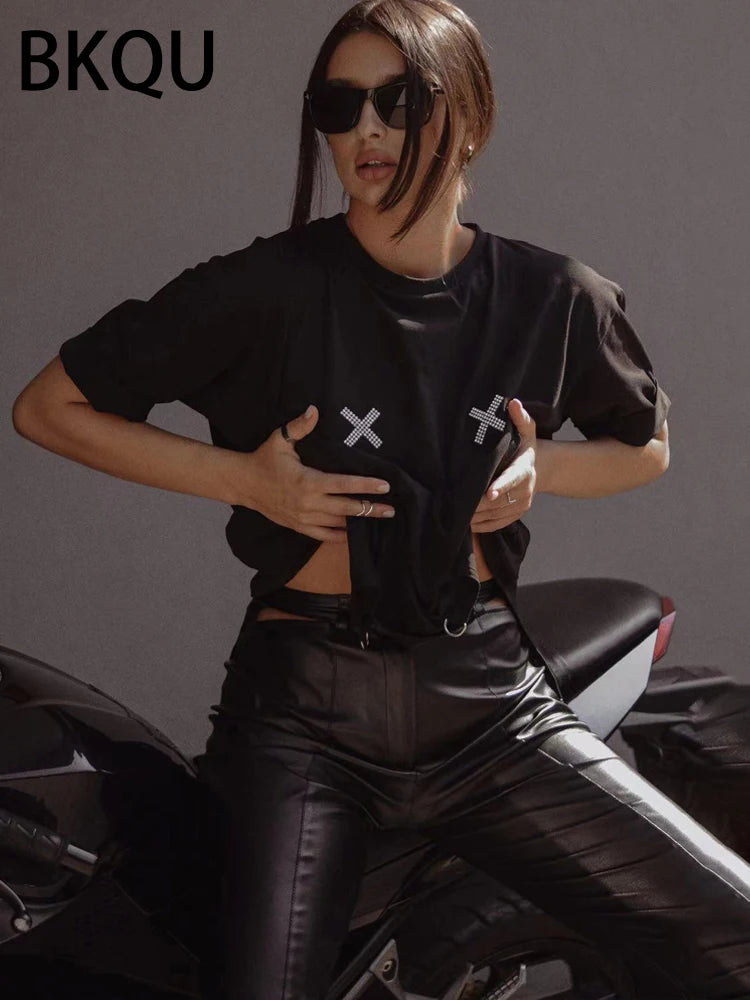 BKQU Rhinestone Loose T-Shirts Women 2024 Irregular Short Sleeve O-neck Fashion Tees Pullovers Hot Diamond Female Y2K Streetwear