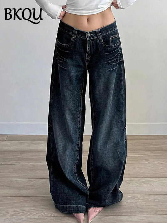 BKQU Wide Leg Baggy Jeans Women Retro High Waist Boyfriend Style Korean Fashion Straight Loose Denim Pants Harajuku Streetwear