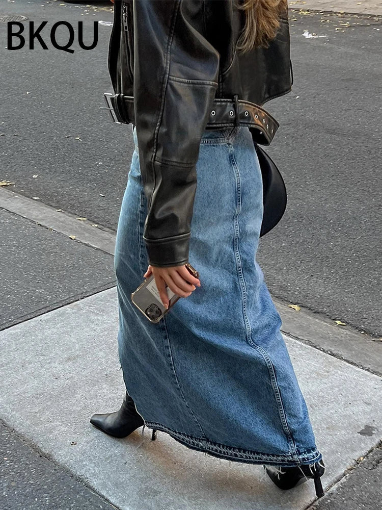 BKQU New Front Slit Denim Skirts Women 2023 Casual High Waist Office Lady Long Skirt Streetwear Blue Frayed Raw Hem Jean Skirt