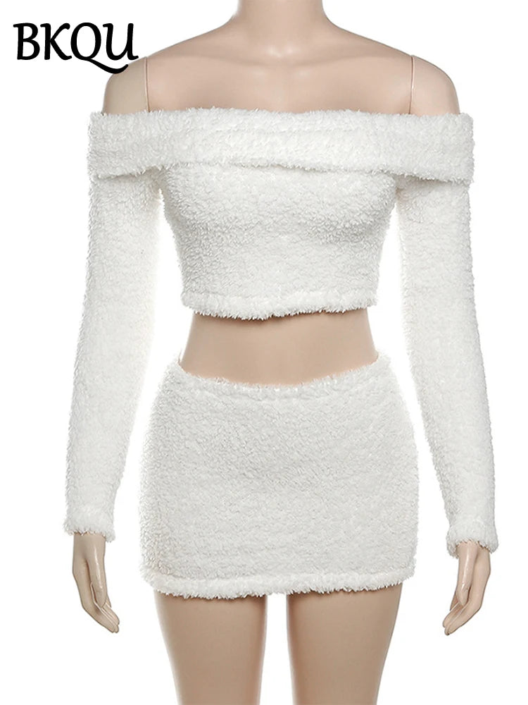 BKQU Warm Plush Two Piece Set Women Elegant Long Sleeve Slash Neck Crop Tops and Mini Wrap Skirt Autumn Winter Matching Outfits