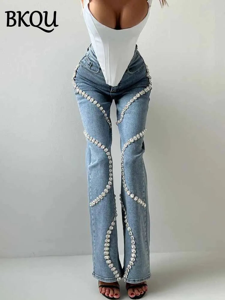 BKQU Rhinestone Straight Jeans Women 2025 Spring New Trendy Loose High Waist Denim Pants Chic Surround Diamond Y2k Unique Jeans