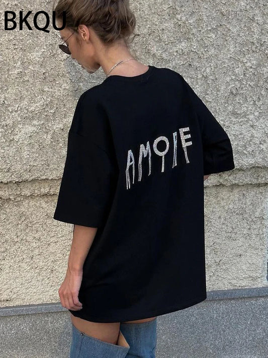 BKQU Black T shirts for Women 2024 High Street Letter Rhinestone Loose O-neck Tees Top Short Sleeve Hot Diamonds Tassel Pullover