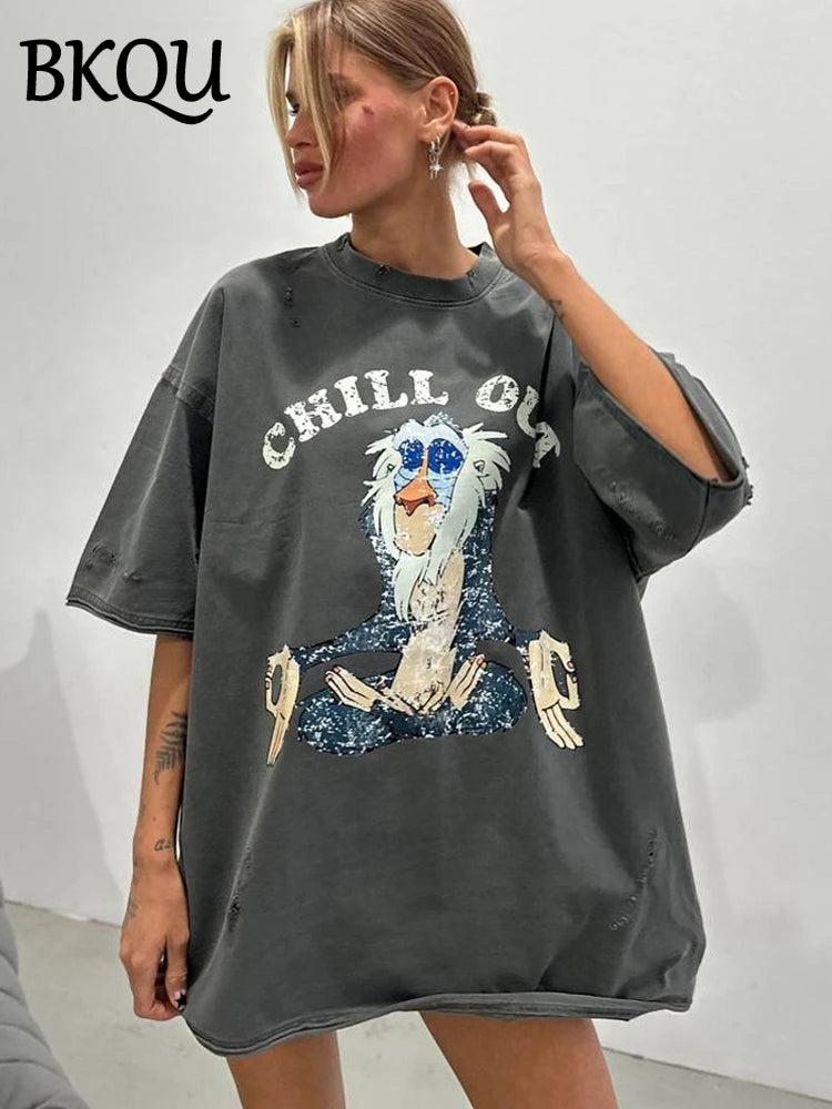 BKQU Oversized T-shirt Women Graphic Print Ripped Half Sleeve Tee Shirts High Street Hip Hop Female Pullovers Vintage Loose Tops