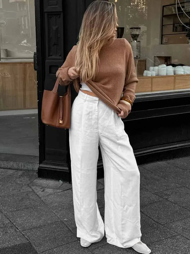 BKQU Casual High Waist Wide Leg Pants Women White Cotton Linen Pocket Straight Trousers 2025 Spring Summer Fashion Streetwear
