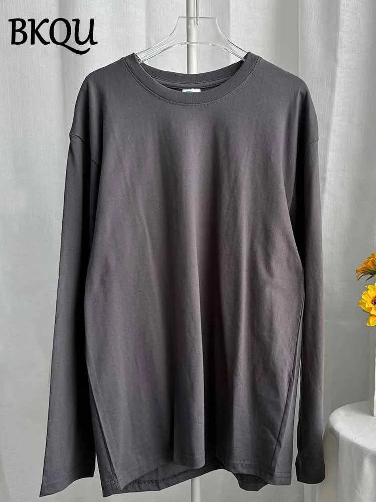BKQU Solid Color Long Sleeve T Shirt Women Oversized Basic O-neck Cotton Tops Female Casual Soft Loose Pullover Tshirt 13 Colors