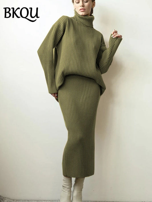 BKQU Turtleneck Sweater Elegant Knitted Skirt Suit Women Autumn Winter Soft Loose Pullover Elastic Slim Midi Skirt Two Piece Set