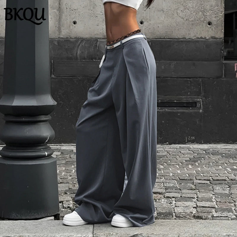BKQU Gray Baggy Suit Pants Woman Lace Patchwork Korean Fashion Office Ladies Wide Leg Trousers 2024 Streetwear Oversized Slacks