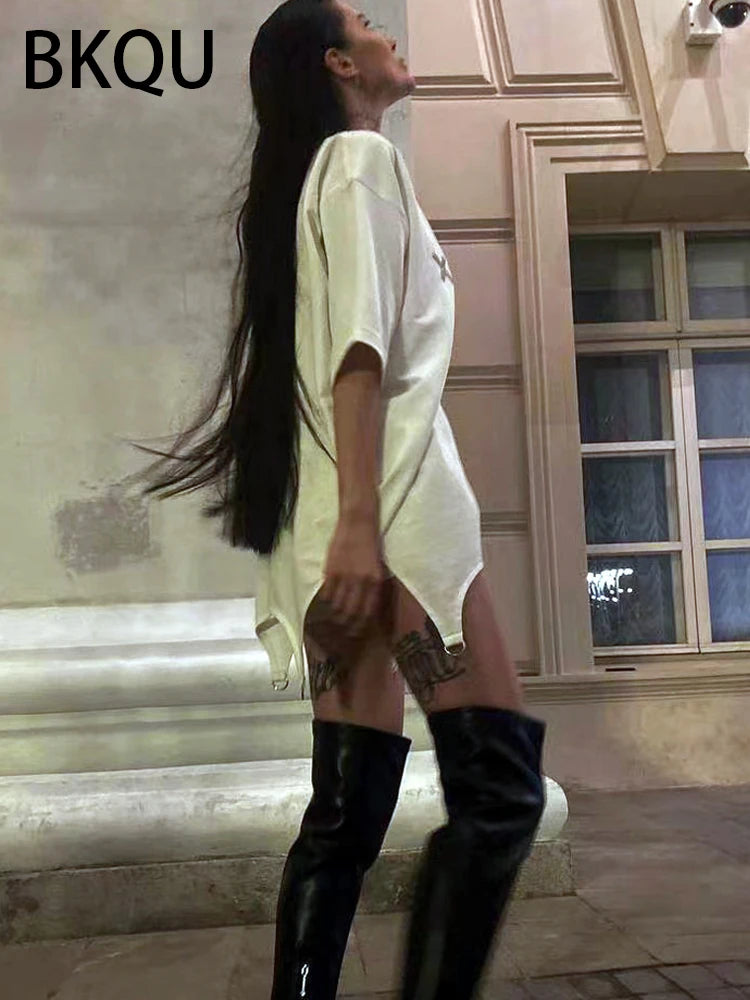 BKQU Women T-Shirts Oversized Short Sleeve Rhinestone Tees Pullovers Fashion Irregular O-Neck Diamond Loose T Shirt Harajuku Top