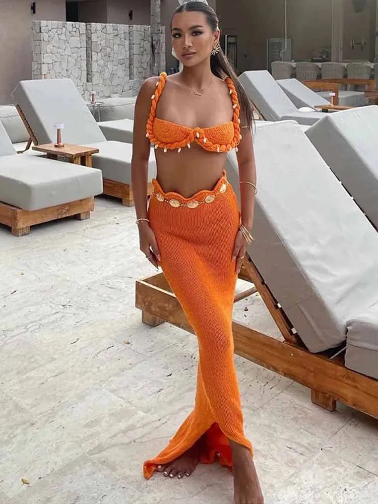 Chic Knitted Bikini Vest Skirt Sets Women Shell Twist Strap Backless Crop Top Hip Package Split Long Skirt 2 Piece Beach Outfits