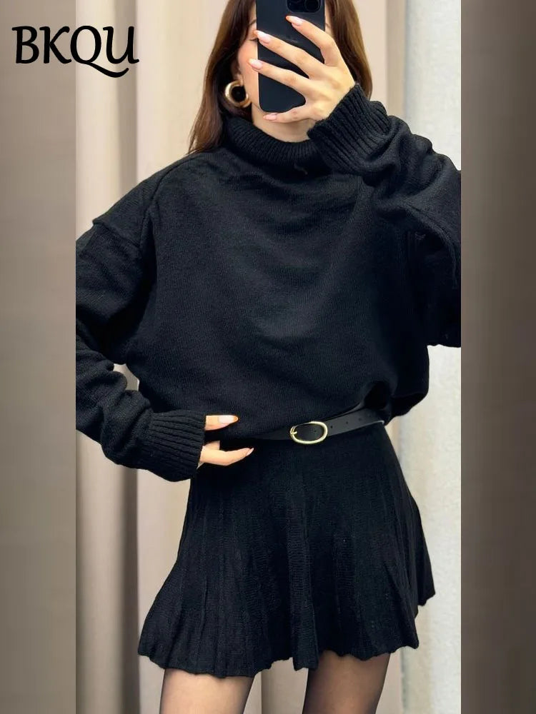 BKQU Casual Knitted Mini Skirt Sets Women 2 Pieces Wine Red Turtleneck Long Sleeve Sweater Pleated Skirts Suit Female Streetwear