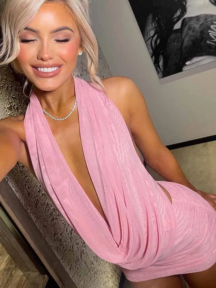 BKQU Mesh Sexy Ruched Women 2 Piece Set Deep V-Neck Halter Swinging Backless Top See Through Mini Skirt Y2k Midnight Club Outfit