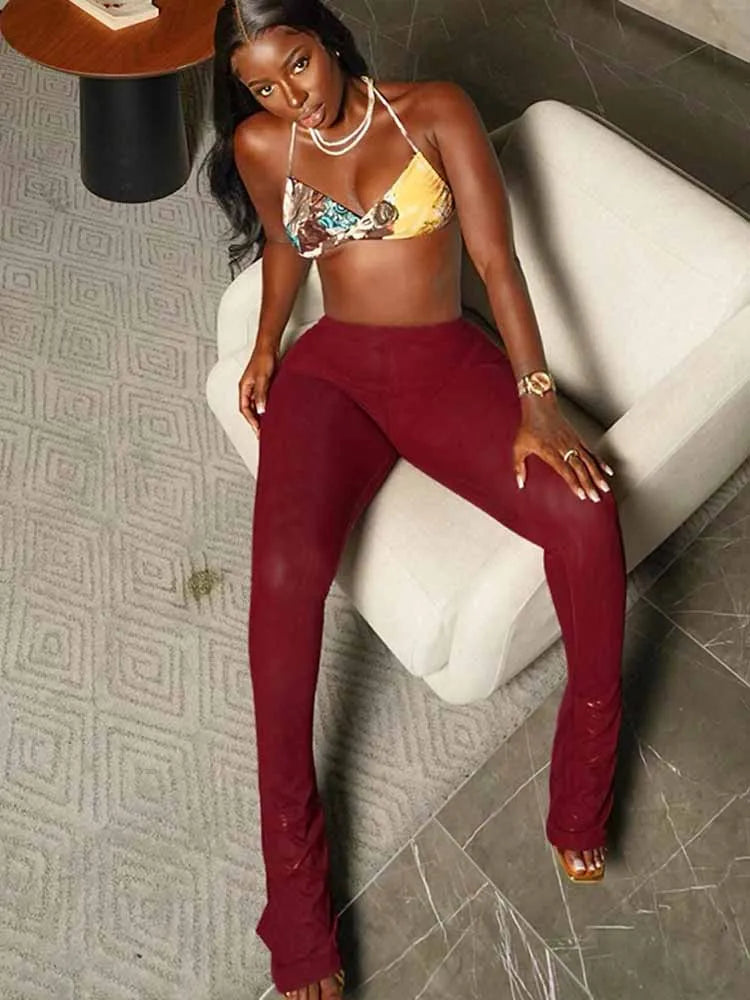BKQU Mesh Sexy Midnight Flared Pants Women See Through High Waist Elastic Skinny Trousers Wine Red Female Club Party Bottom 2025