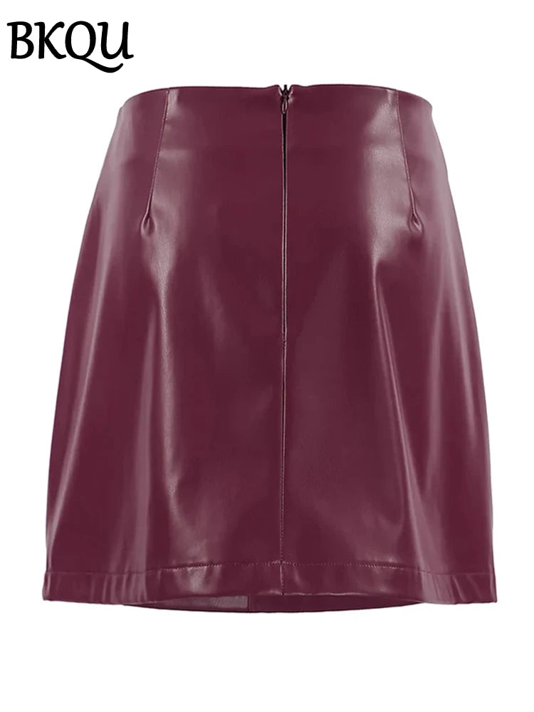BKQU Fashion Wine Red Leather Mini Skirt Women Vintage High Waist Zipper Slim PU A-Line Short Skirts Autumn Winter 2024 Clothes