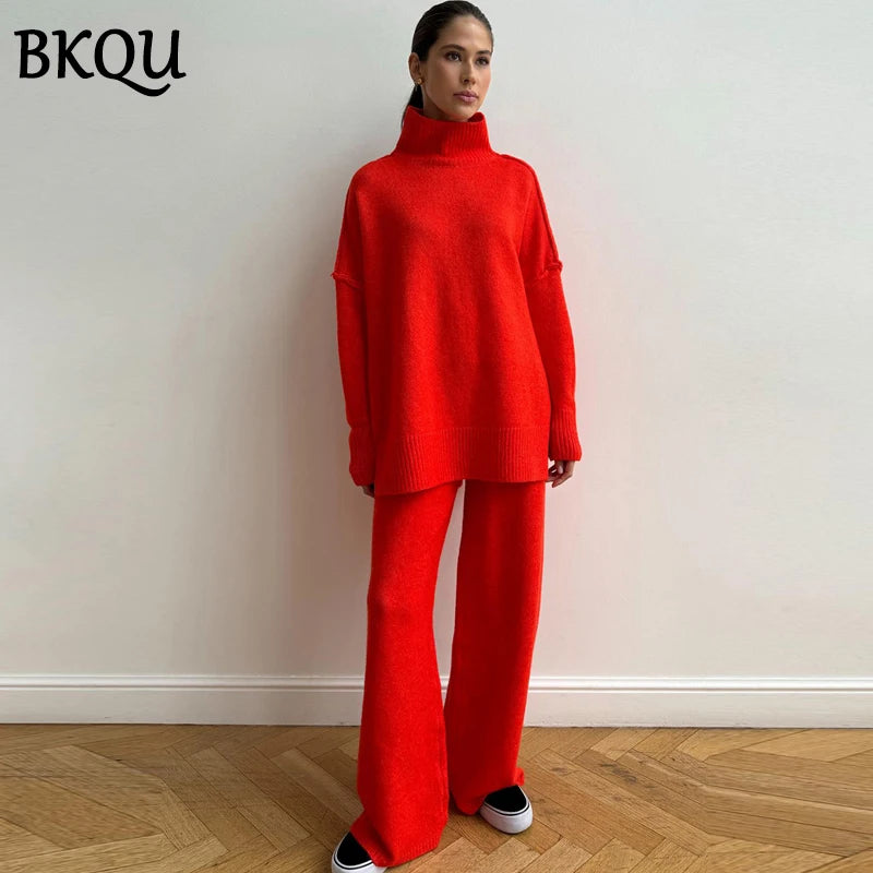 BKQU Women's Knitted Two Piece Pants Set 2024 Autumn Winter Turtleneck Sweater and Wide Leg Long Pants Matching Homewear Suits