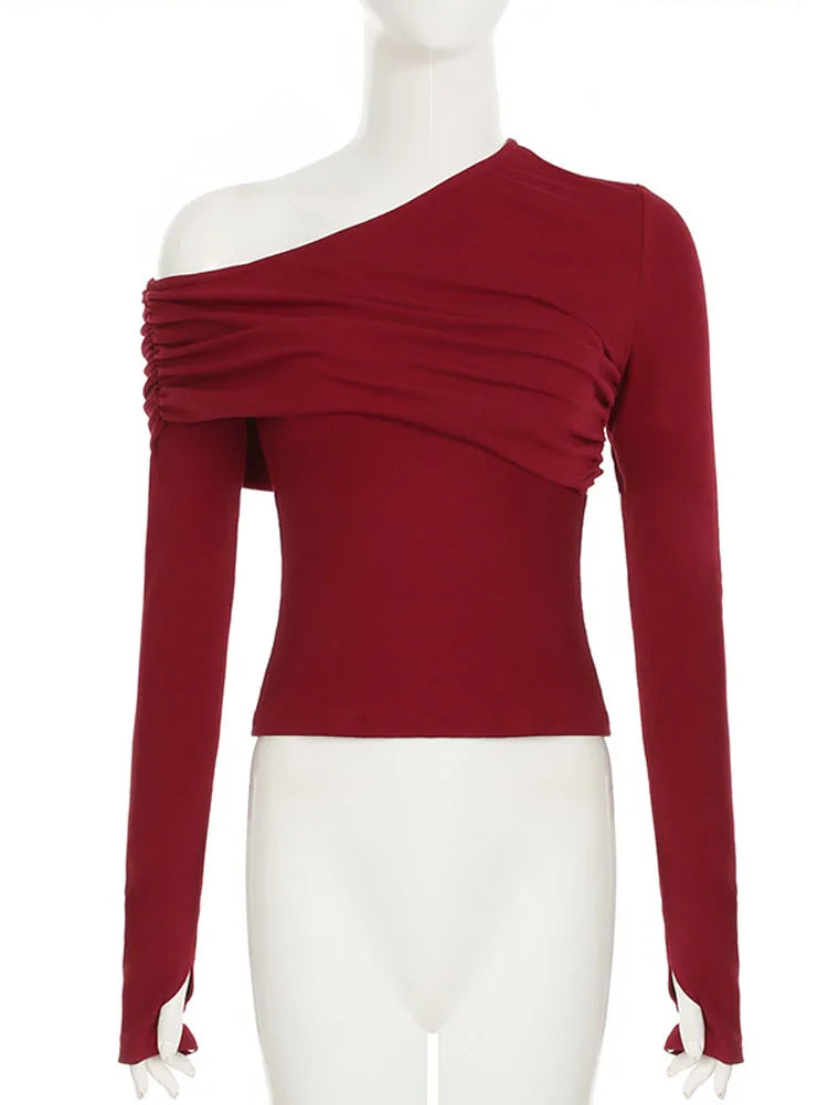 BKQU Red Off Shoulder Long Sleeve T-shirt Women's Elegant Slim Ruched Knitted Pullover Autumn/Winter Sexy Party Cropped Tops Y2k