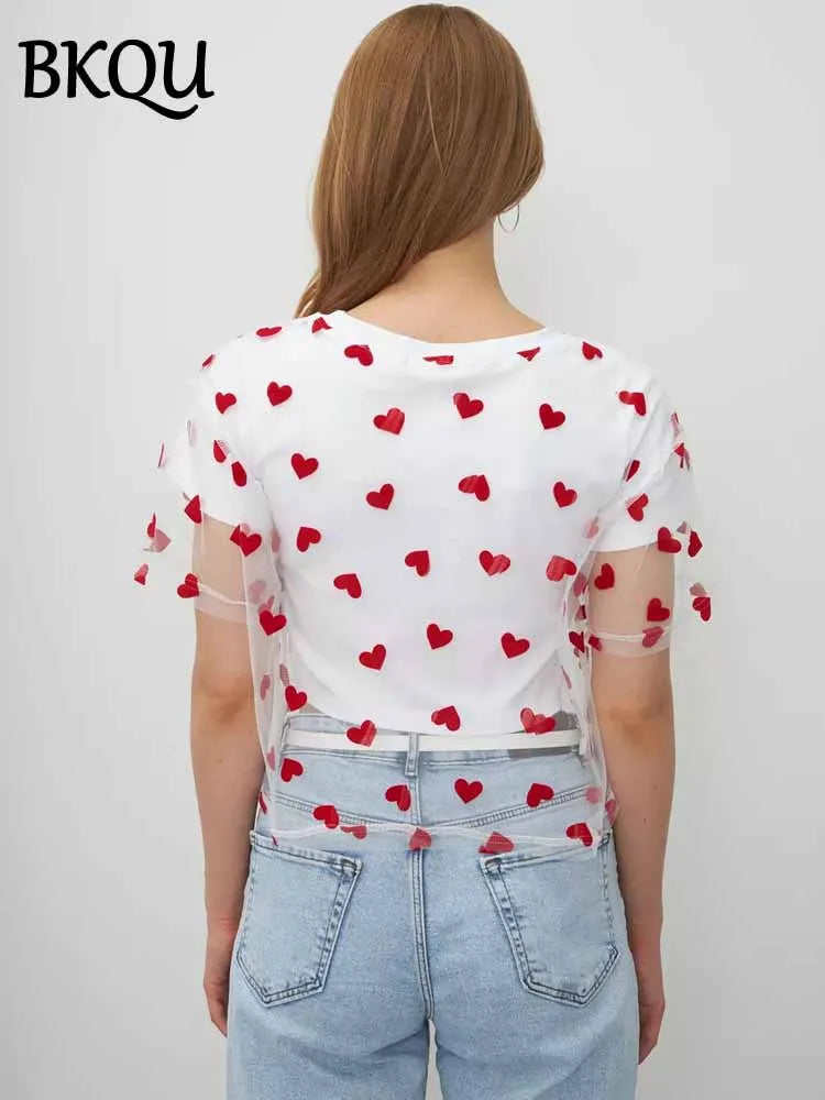 BKQU Crop Tops Women Heart Mesh Patchwork Fake Two Piece T-Shirt 2025 Summer Casual Y2k O-Neck Short Sleeve Tees Chic Streetwear