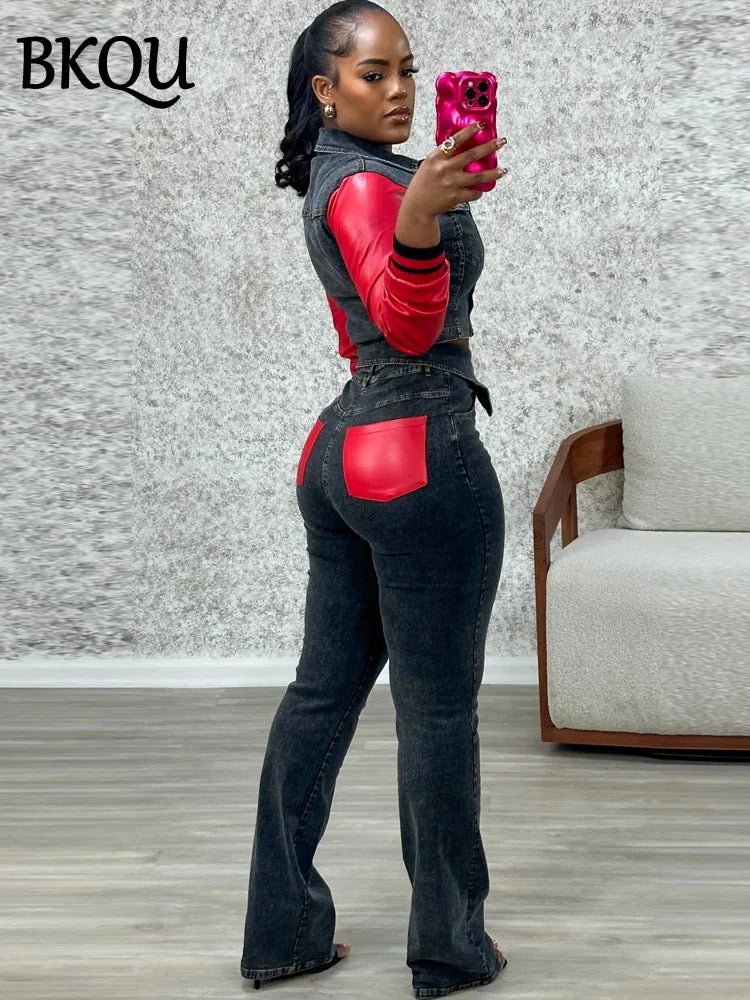 BKQU Leather Patchwork Stretch Denim Jacket Pants 2 Piece Set Women Trendy Buttons Crop Top High Waist Flare Jeans Suits 2025