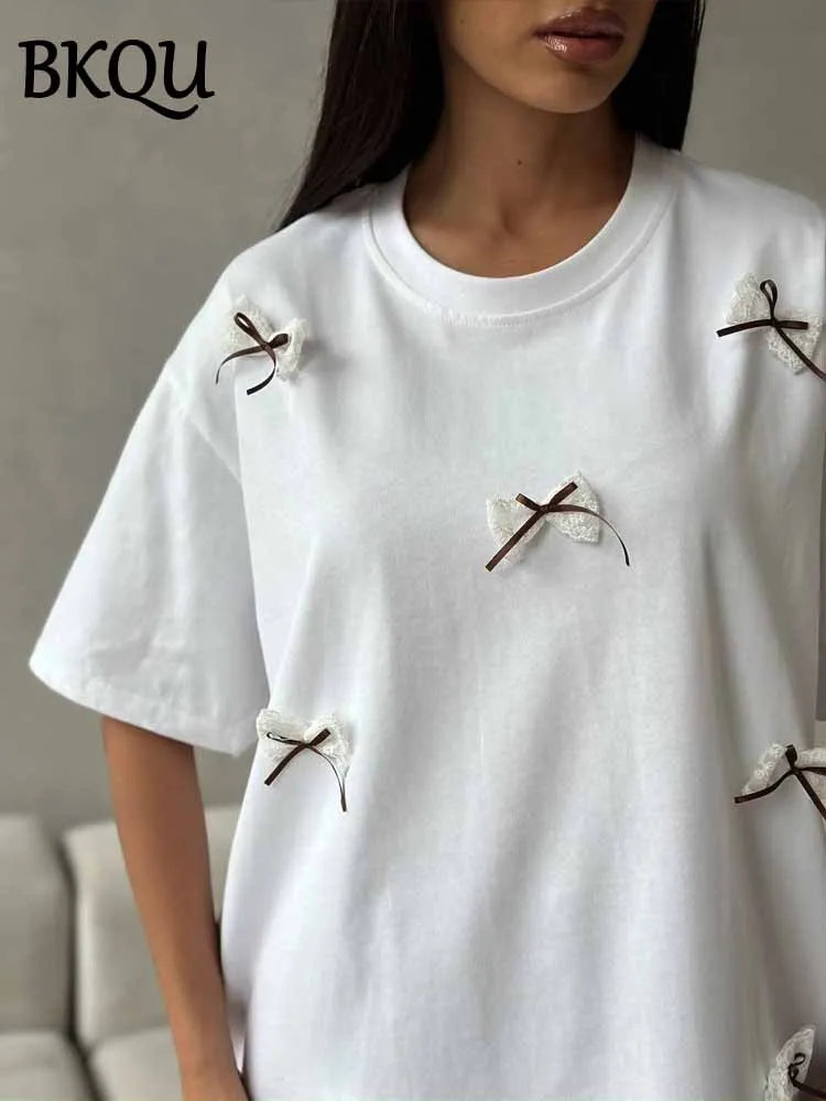 BKQU 2025 Summer Oversize T-shirt Women Bow Three-dimensional Decorative Loose Fashion O Neck Tees Casual Y2K Female Street Tops
