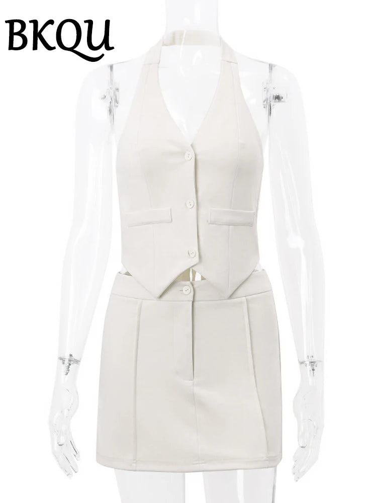 BKQU Sexy Skirts Two Piece Sets for Women Backless Halter Neck Single-breasted Tank Tops and Straight Mini Skirts Matching Suit