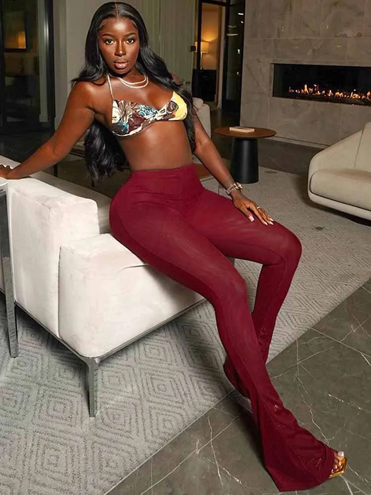 BKQU Mesh Sexy Midnight Flared Pants Women See Through High Waist Elastic Skinny Trousers Wine Red Female Club Party Bottom 2025