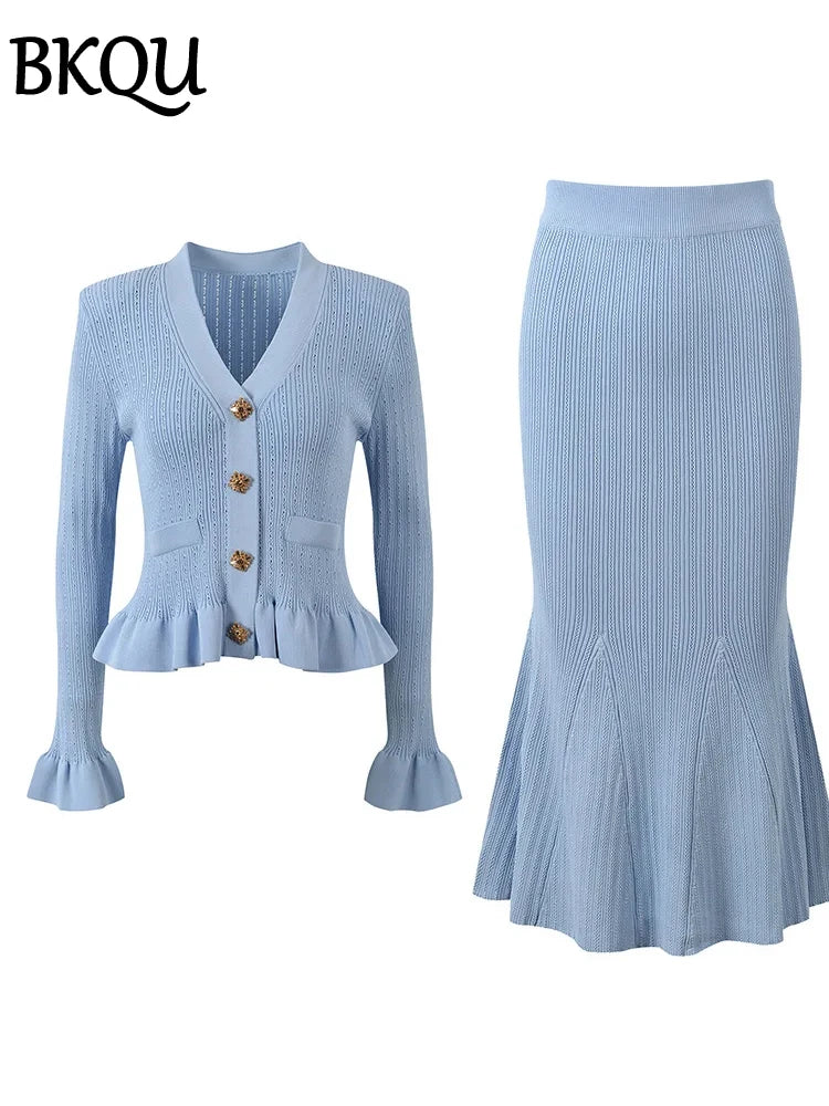 BKQU 2 Pieces Elegant Knit Women's V-neck Ruffles Single Breasted Sweater Slim Long Mermaid Skirt Set Winter Luxury Party Outfit