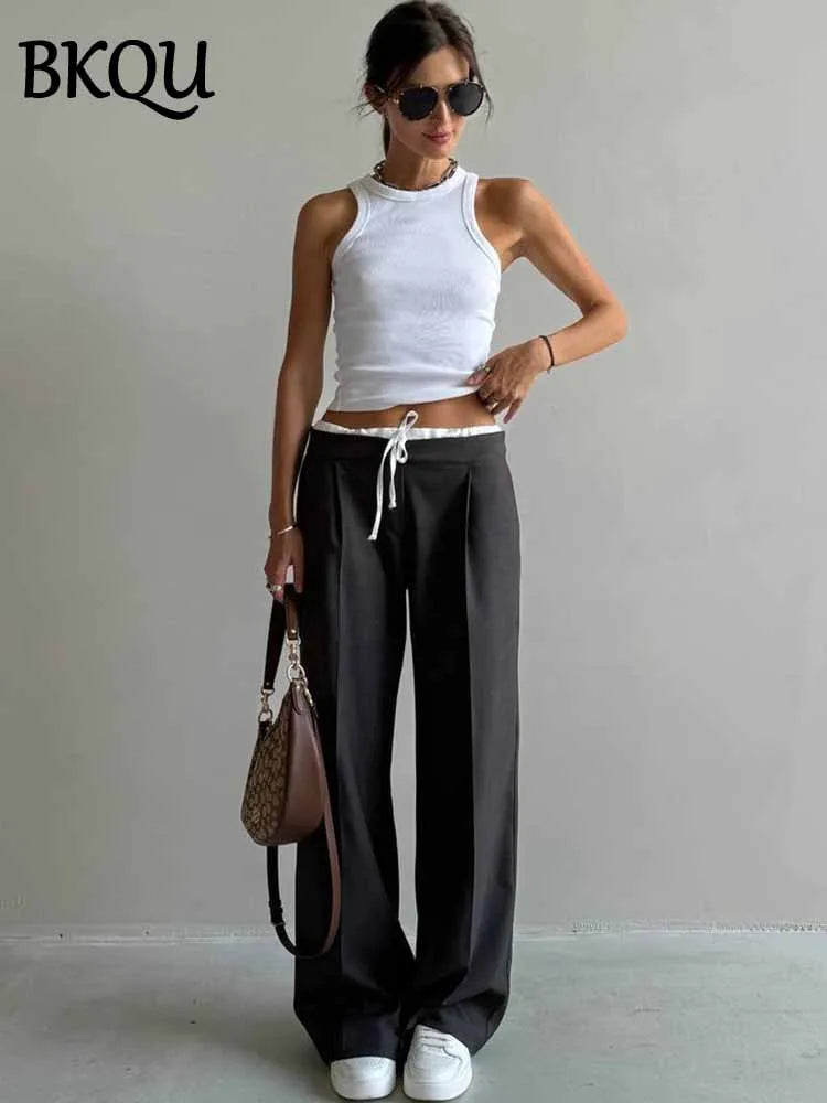 BKQU 2025 Woman Casual Pants Fake Two Piece Lace Up Loose Wide Leg Trousers Fashion High Waist Commuter Office Lady Suit Pants