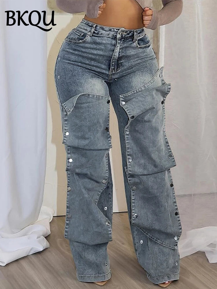 BKQU Fashion Straight Jeans Women's Detachable Button Decoration Denim Wide Leg Pants High Waist Y2K Hipster Streetwear Bottoms