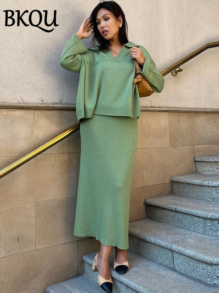 BKQU Knitted Sweater Skirt Two Pieces Set Women Autumn Winter V-neck Loose Pullover Sexy Long Skirts Suits Elegant Party Outfits
