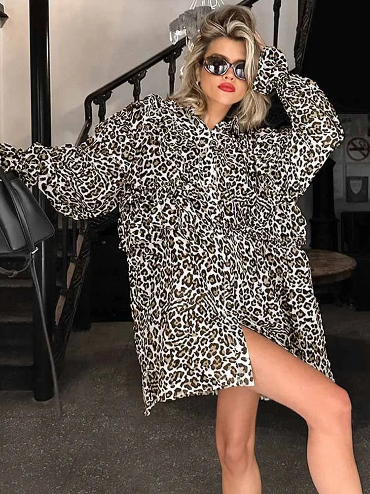 BKQU Leopard Women Ruffled Blouse 2025 Elegant Long Sleeve Turn Down Collar Button Shirts Female Cotton Linen Loose Mini Dress
