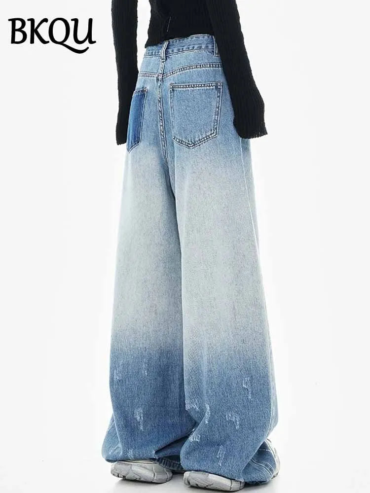 BKQU Rhinestone Jeans for Women Fashion Loose Wide Leg Denim Pants  High Wait Washed Blue Diamond Straight Jeans Chic Streetwear