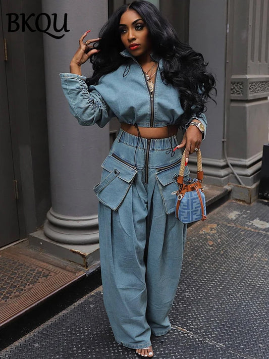 BKQU Fashion Denim Women's Sets Ruched Long Sleeve Zipper Jacket Patchwork Big Pocket Wide Leg Jeans Pants Two Piece Set Hip Hop