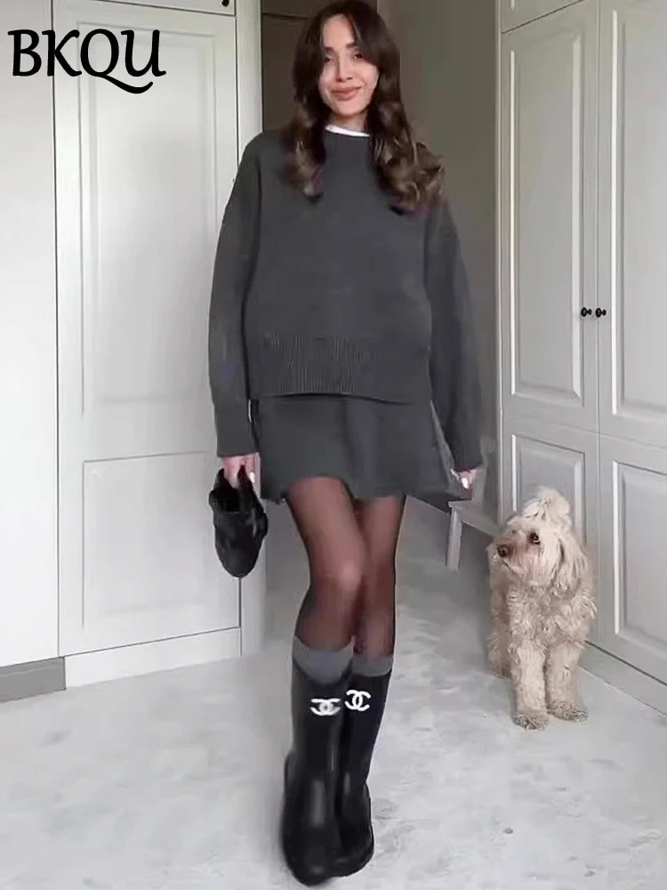 BKQU Sweater Skirt Sets For Women 2 Pieces Knit Casual Versatile Long Sleeve Pullover Elegant Solid High Waist Mini Skirt Outfit