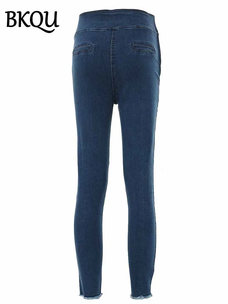 BKQU Skinny Pencil Jeans Women Beaded Decoration Fashion Irregular Waist Stretch Denim Pants 2025 New Elegant Jeans Trousers y2k