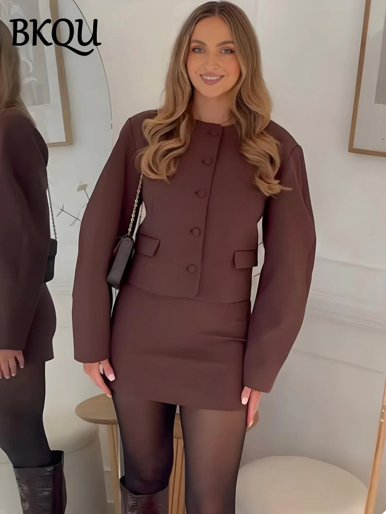BKQU Elegant Women's O-neck Coat Skirts 2-piece Set Commute Single Breasted Jacket Lady Suit Chic A-Line Women's Mini Skirt Set