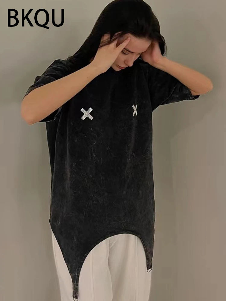 BKQU Women T-Shirts Oversized Short Sleeve Rhinestone Tees Pullovers Fashion Irregular O-Neck Diamond Loose T Shirt Harajuku Top