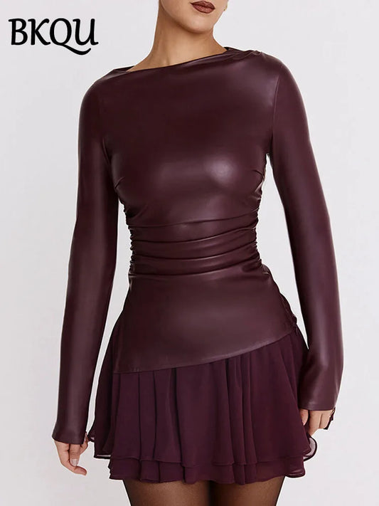 BKQU Ruched Skinny Leather T-shirt Women Fashion Wine Red O-neck Long Sleeve Tops Female Elegant y2k Tees Streetwear 2025 Spring