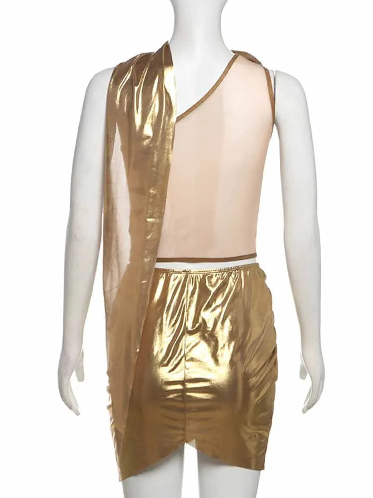 BKQU Mesh Patchwork Sexy 2 Piece Set Women Chic One Shoulder Scarf Tank Tops+Ruched Mini Skirts 2025 Summer Party Club Outfits